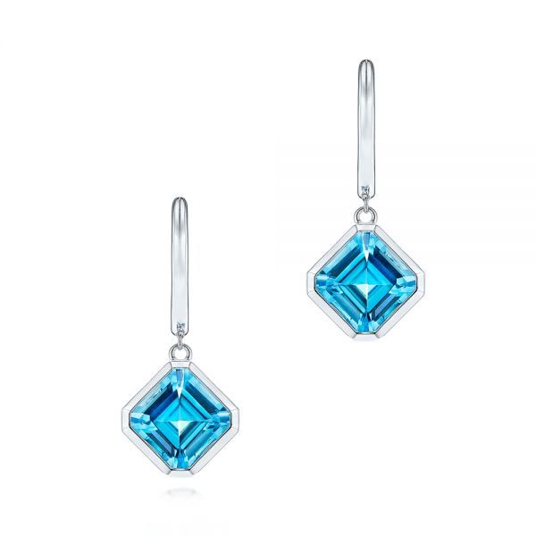 18k White Gold 18k White Gold Blue Topaz Huggie Earrings - Three-Quarter View -  106548