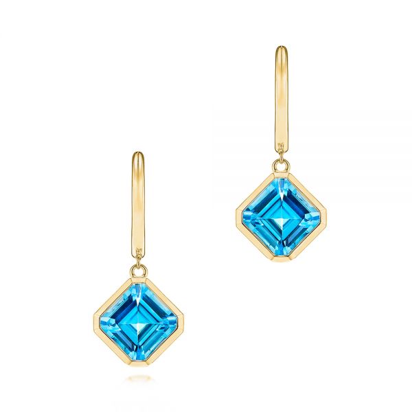 14k Yellow Gold 14k Yellow Gold Blue Topaz Huggie Earrings - Three-Quarter View -  106548 - Thumbnail