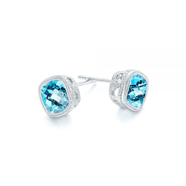 14k White Gold Blue Topaz Stud Earrings - Front View - 103351