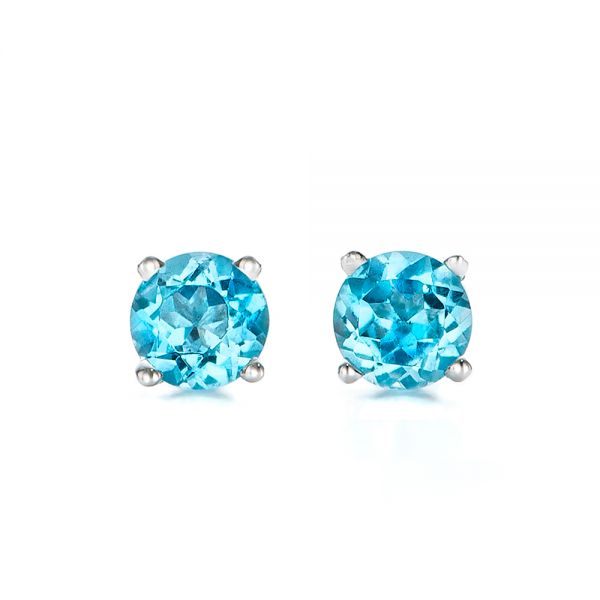 14k White Gold Blue Topaz Stud Earrings - Three-Quarter View -  100930