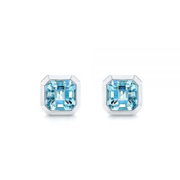 14k White Gold Blue Topaz Stud Earrings - Three-Quarter View -  106037
