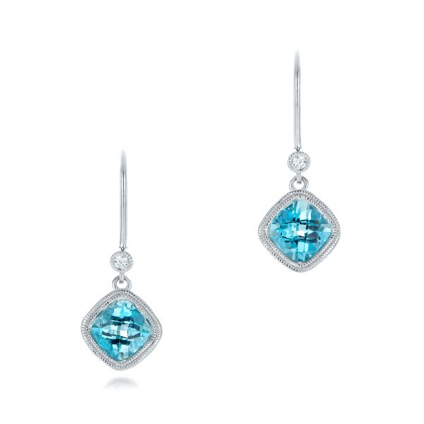 14k White Gold Blue Topaz And Diamond Earrings - Three-Quarter View -  102624