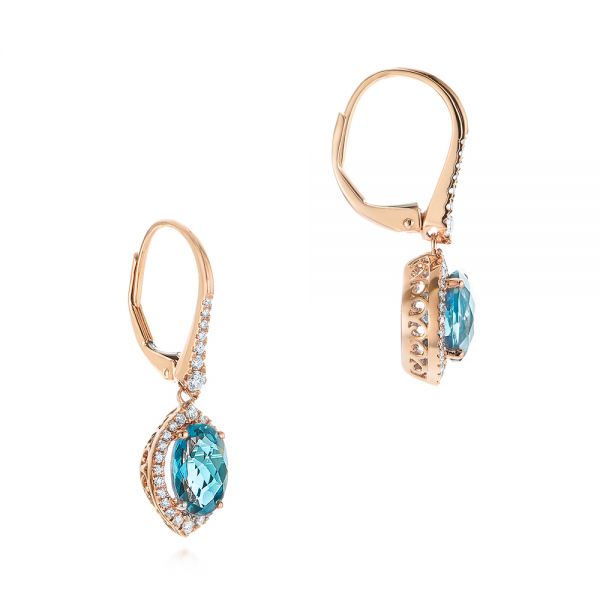 14k Rose Gold 14k Rose Gold Blue Topaz And Diamond Halo Earrings - Front View - 106047