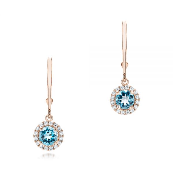 18k Rose Gold 18k Rose Gold Blue Topaz And Diamond Halo Earrings - Three-Quarter View -  102609