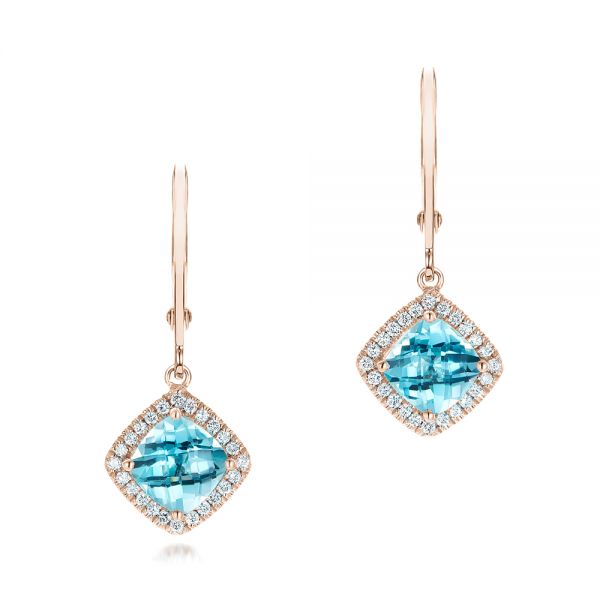 18k Rose Gold 18k Rose Gold Blue Topaz And Diamond Halo Earrings - Three-Quarter View -  102623
