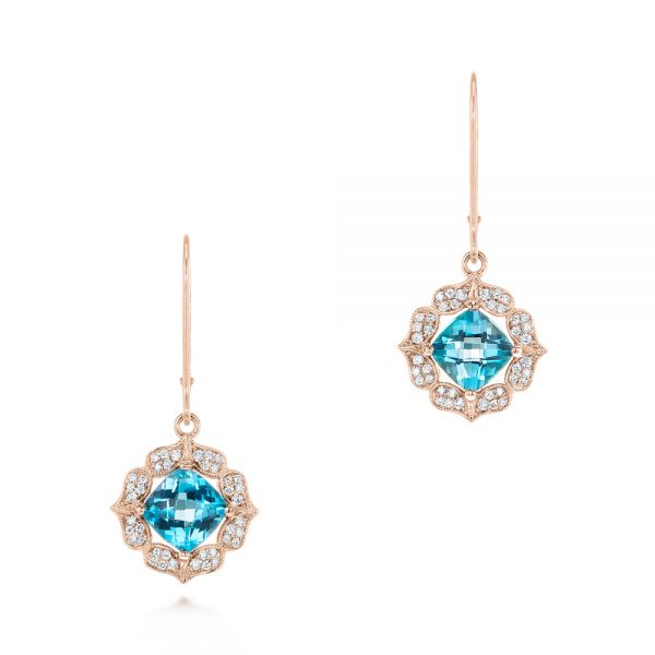 14k Rose Gold 14k Rose Gold Blue Topaz And Diamond Halo Earrings - Three-Quarter View -  103586