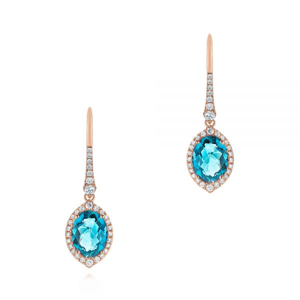 18k Rose Gold 18k Rose Gold Blue Topaz And Diamond Halo Earrings - Three-Quarter View -  106047