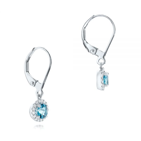 14k White Gold Blue Topaz And Diamond Halo Earrings - Front View -  102609