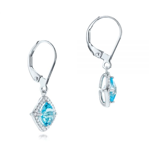 14k White Gold Blue Topaz And Diamond Halo Earrings - Front View - 102623