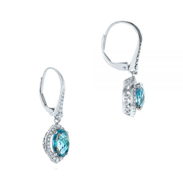 14k White Gold Blue Topaz And Diamond Halo Earrings - Front View -  106047