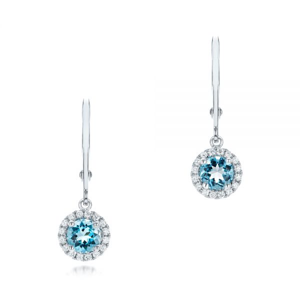 14k White Gold Blue Topaz And Diamond Halo Earrings - Three-Quarter View -  102609