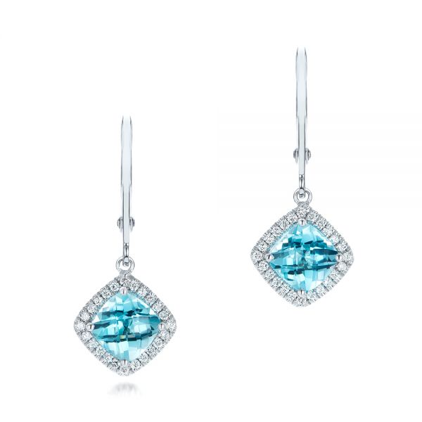  Platinum Platinum Blue Topaz And Diamond Halo Earrings - Three-Quarter View -  102623