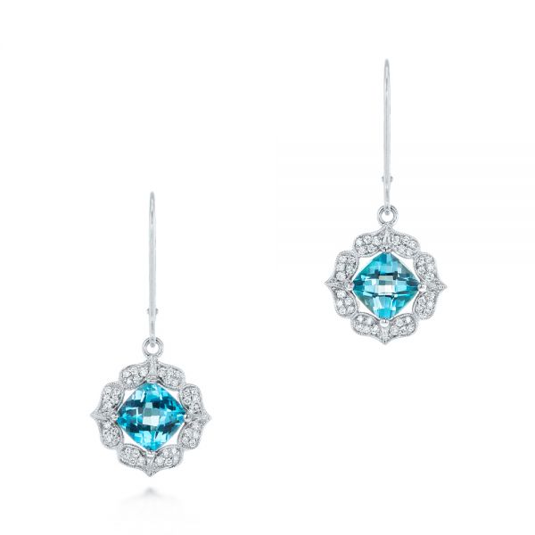 14k White Gold Blue Topaz And Diamond Halo Earrings - Three-Quarter View -  103586