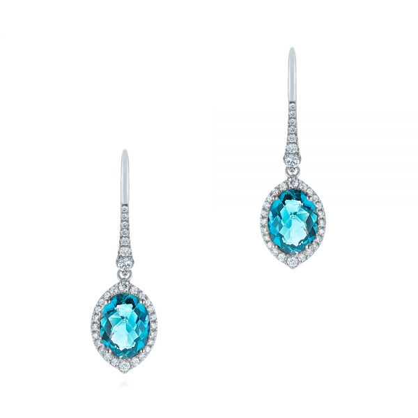 14k White Gold Blue Topaz And Diamond Halo Earrings - Three-Quarter View -  106047