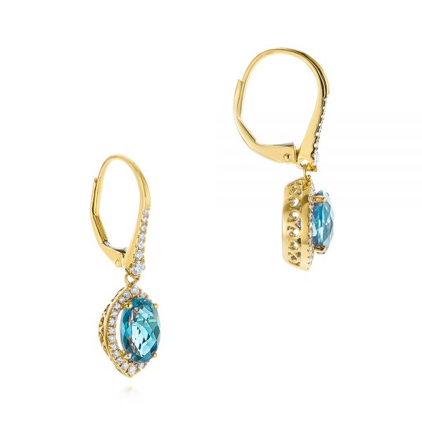 18k Yellow Gold 18k Yellow Gold Blue Topaz And Diamond Halo Earrings - Front View -  106047