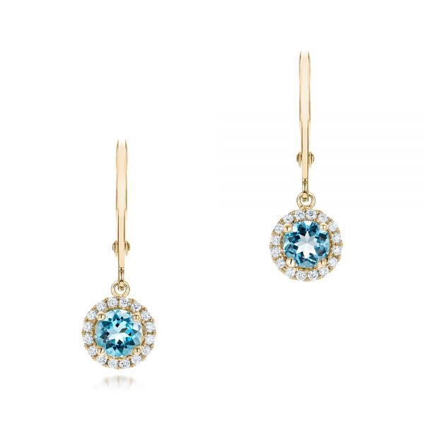 18k Yellow Gold 18k Yellow Gold Blue Topaz And Diamond Halo Earrings - Three-Quarter View - 102609