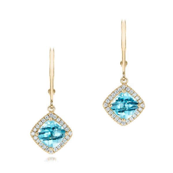 14k Yellow Gold 14k Yellow Gold Blue Topaz And Diamond Halo Earrings - Three-Quarter View -  102623