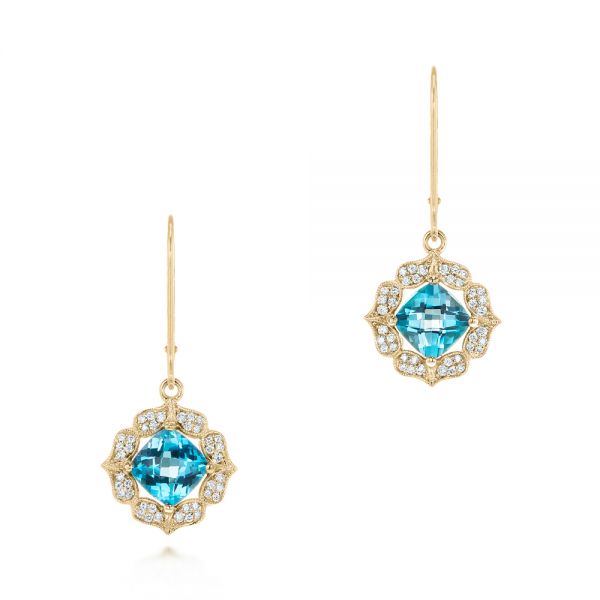 14k Yellow Gold 14k Yellow Gold Blue Topaz And Diamond Halo Earrings - Three-Quarter View -  103586