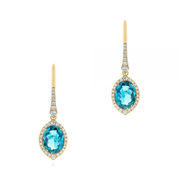 18k Yellow Gold 18k Yellow Gold Blue Topaz And Diamond Halo Earrings - Three-Quarter View -  106047