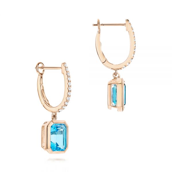 18k Rose Gold 18k Rose Gold Blue Topaz And Diamond Huggie Earrings - Front View -  106550