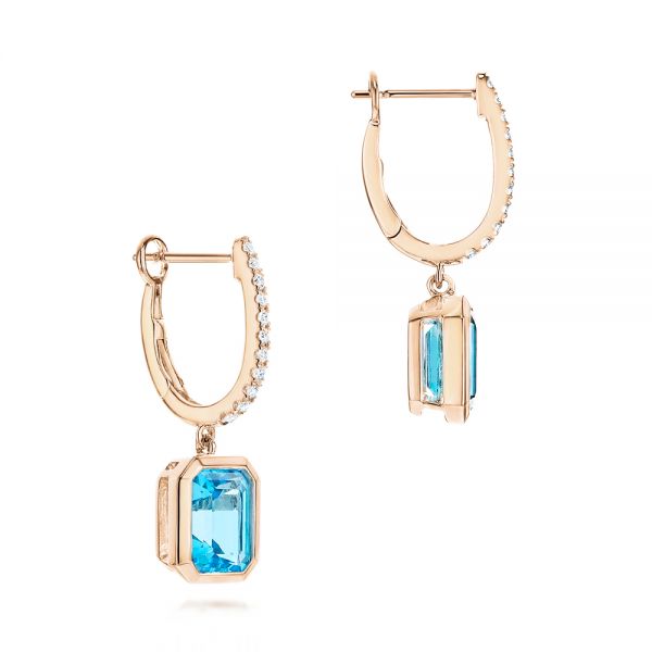 14k Rose Gold 14k Rose Gold Blue Topaz And Diamond Huggie Earrings - Front View - 106550