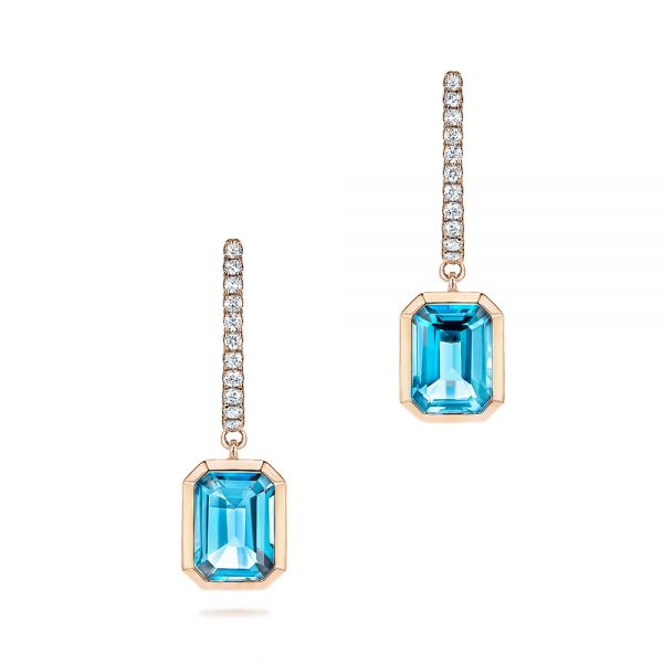 14k Rose Gold 14k Rose Gold Blue Topaz And Diamond Huggie Earrings - Three-Quarter View -  106550