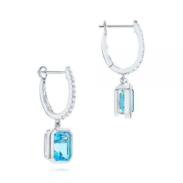 18k White Gold 18k White Gold Blue Topaz And Diamond Huggie Earrings - Front View -  106550