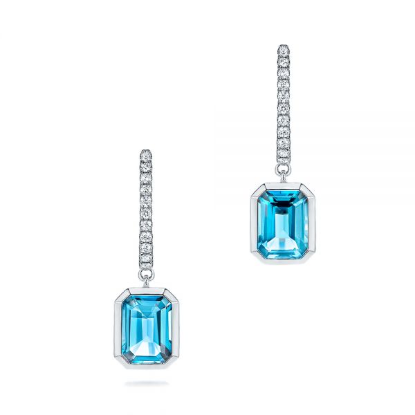 14k White Gold 14k White Gold Blue Topaz And Diamond Huggie Earrings - Three-Quarter View -  106550