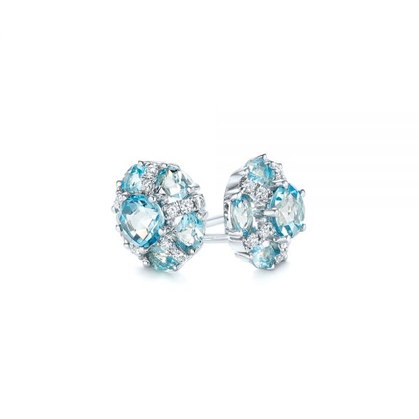 18k White Gold 18k White Gold Blue Topaz And Diamond Stud Earrings - Front View -  103728