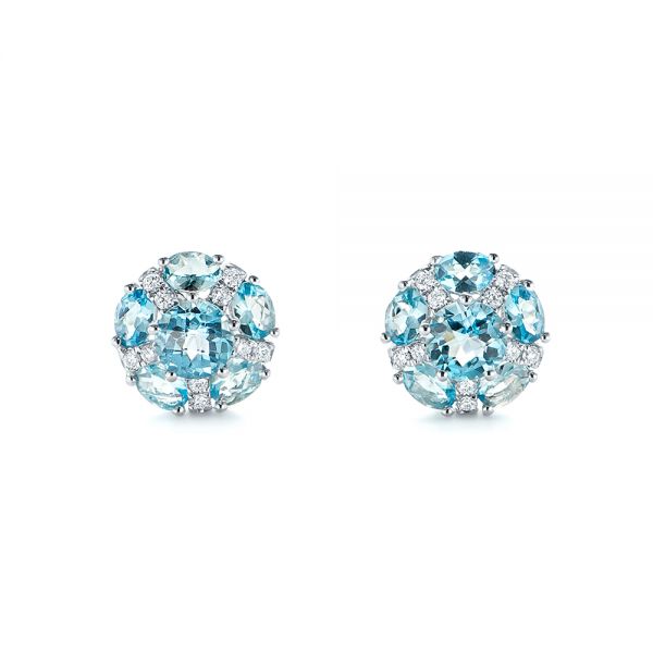 14k White Gold Blue Topaz And Diamond Stud Earrings - Three-Quarter View -  103728