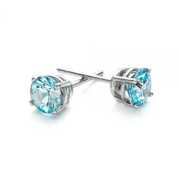 14k White Gold Blue Zircon Stud Earrings - Front View -  100939