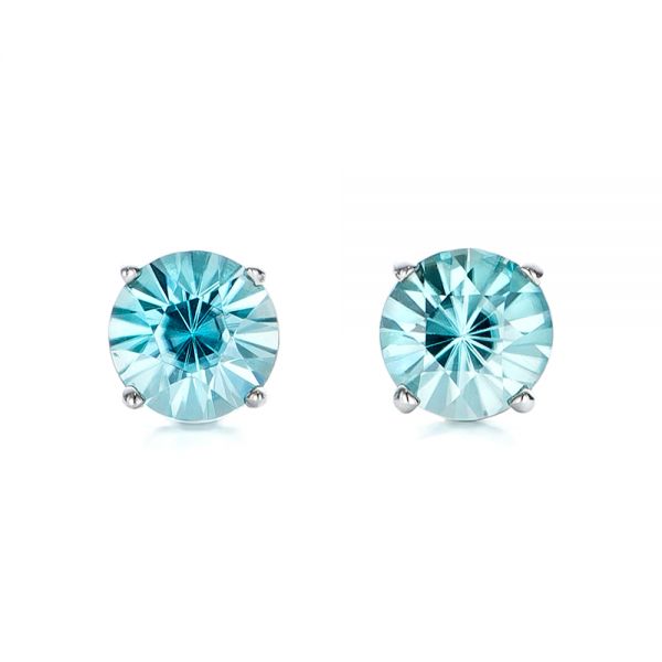 14k White Gold Blue Zircon Stud Earrings - Three-Quarter View -  100939