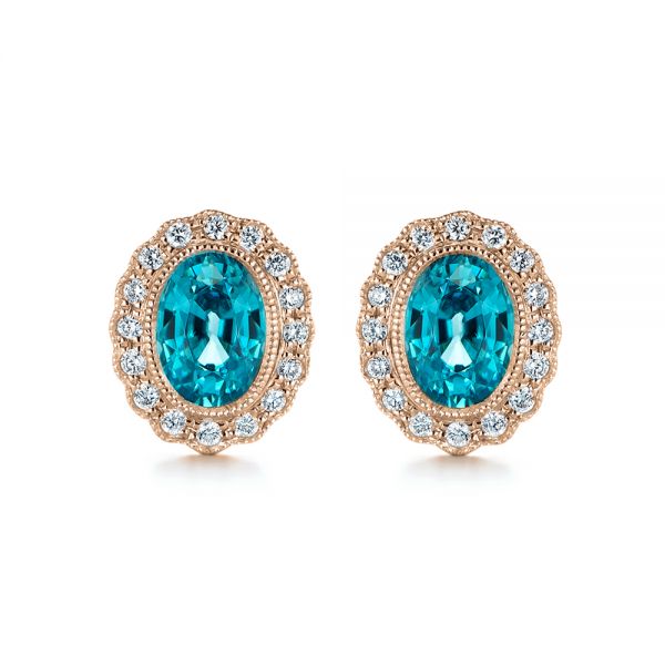 14k Rose Gold 14k Rose Gold Blue Zircon And Diamond Earrings - Three-Quarter View -  105340