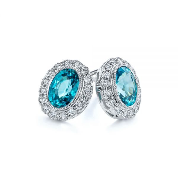 14k White Gold Blue Zircon And Diamond Earrings - Front View -  105340