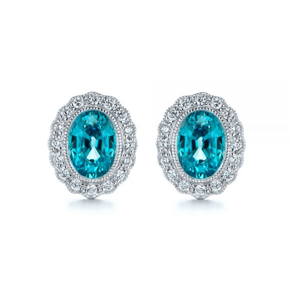 14k White Gold Blue Zircon And Diamond Earrings - Three-Quarter View -  105340