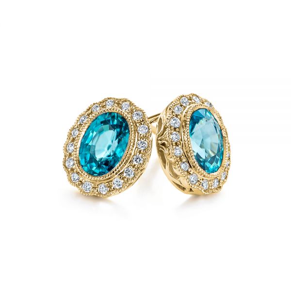 14k Yellow Gold 14k Yellow Gold Blue Zircon And Diamond Earrings - Front View -  105340