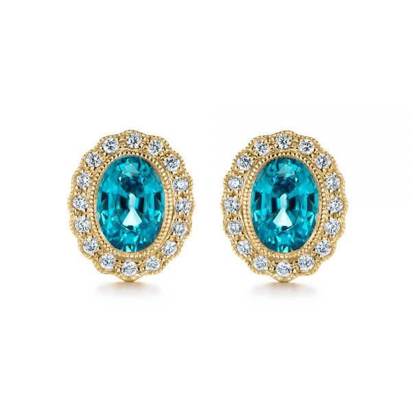 14k Yellow Gold 14k Yellow Gold Blue Zircon And Diamond Earrings - Three-Quarter View -  105340