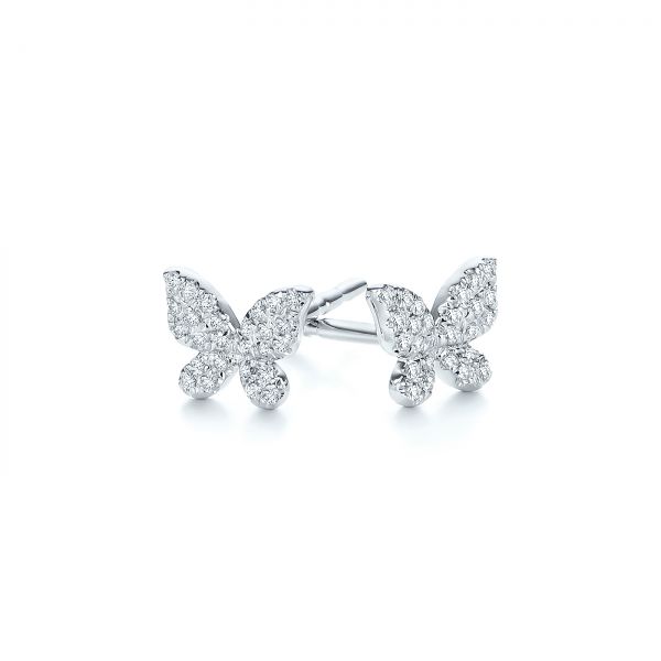 14k White Gold Butterfly Diamond Earrings - Front View - 105945
