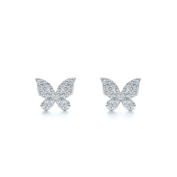 14k White Gold Butterfly Diamond Earrings - Three-Quarter View -  105945