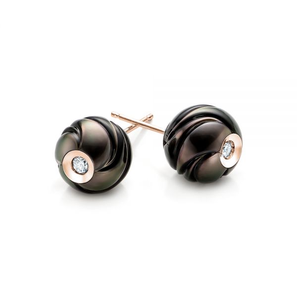 18k Rose Gold 18k Rose Gold Carved Black Pearls And Diamond Stud Earrings - Front View -  101963