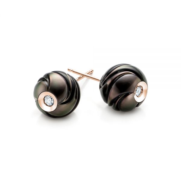 14k Rose Gold 14k Rose Gold Carved Black Pearls And Diamond Stud Earrings - Front View - 101963