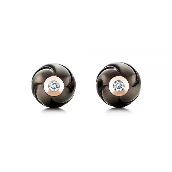 14k Rose Gold 14k Rose Gold Carved Black Pearls And Diamond Stud Earrings - Three-Quarter View -  101963