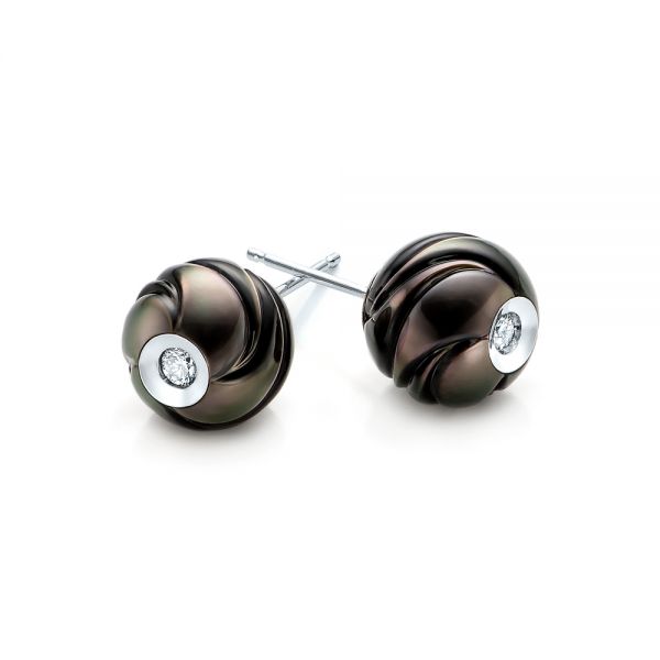 14k White Gold Carved Black Pearls And Diamond Stud Earrings - Front View -  101963