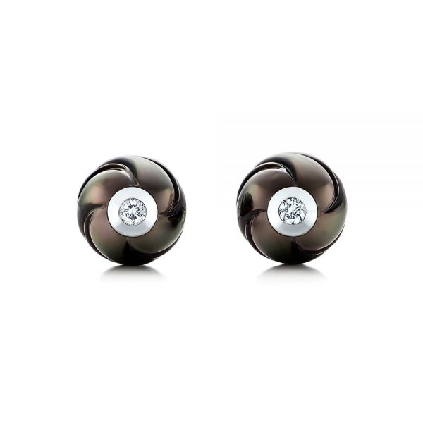 14k White Gold Carved Black Pearls And Diamond Stud Earrings - Three-Quarter View -  101963