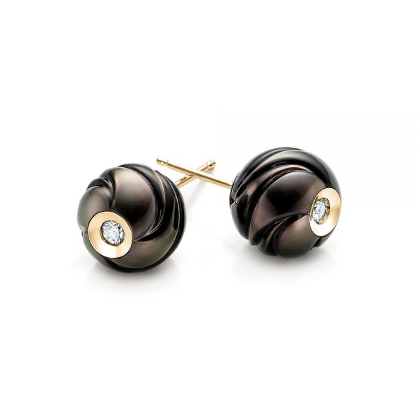 18k Yellow Gold 18k Yellow Gold Carved Black Pearls And Diamond Stud Earrings - Front View -  101963