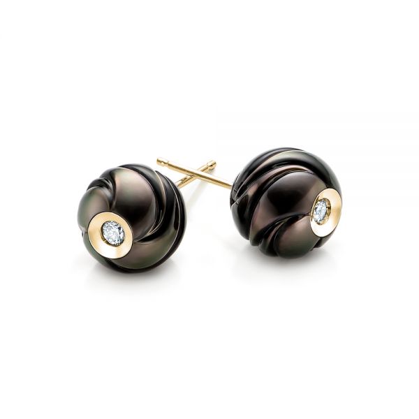 14k Yellow Gold 14k Yellow Gold Carved Black Pearls And Diamond Stud Earrings - Front View - 101963