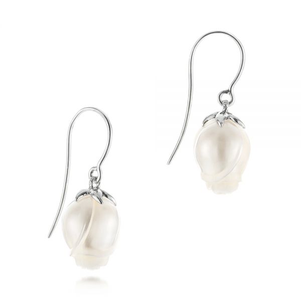 14k White Gold Carved Fresh Water Pearl Earrings - Front View - 103240