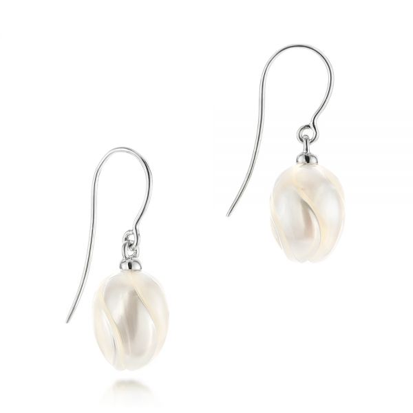 14k White Gold Carved Fresh Water Pearl Earrings - Front View - 103241