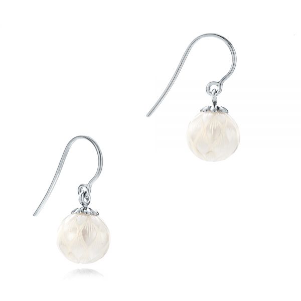 14k White Gold Carved Fresh White Pearl Earrings - Front View -  102569