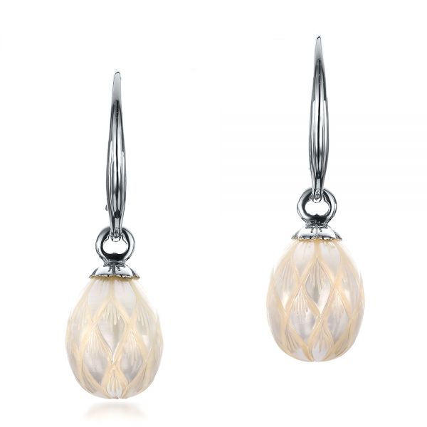 18k White Gold 18k White Gold Carved Fresh White Pearl Earrings - Three-Quarter View -  100303